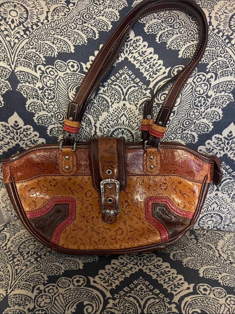 Embossed Multi-Tone Brown Leather Shoulder Bag